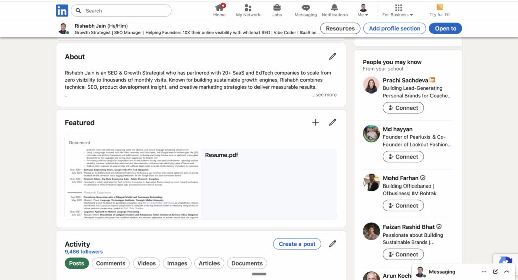 Showing the Uploaded Resume on LinkedIn