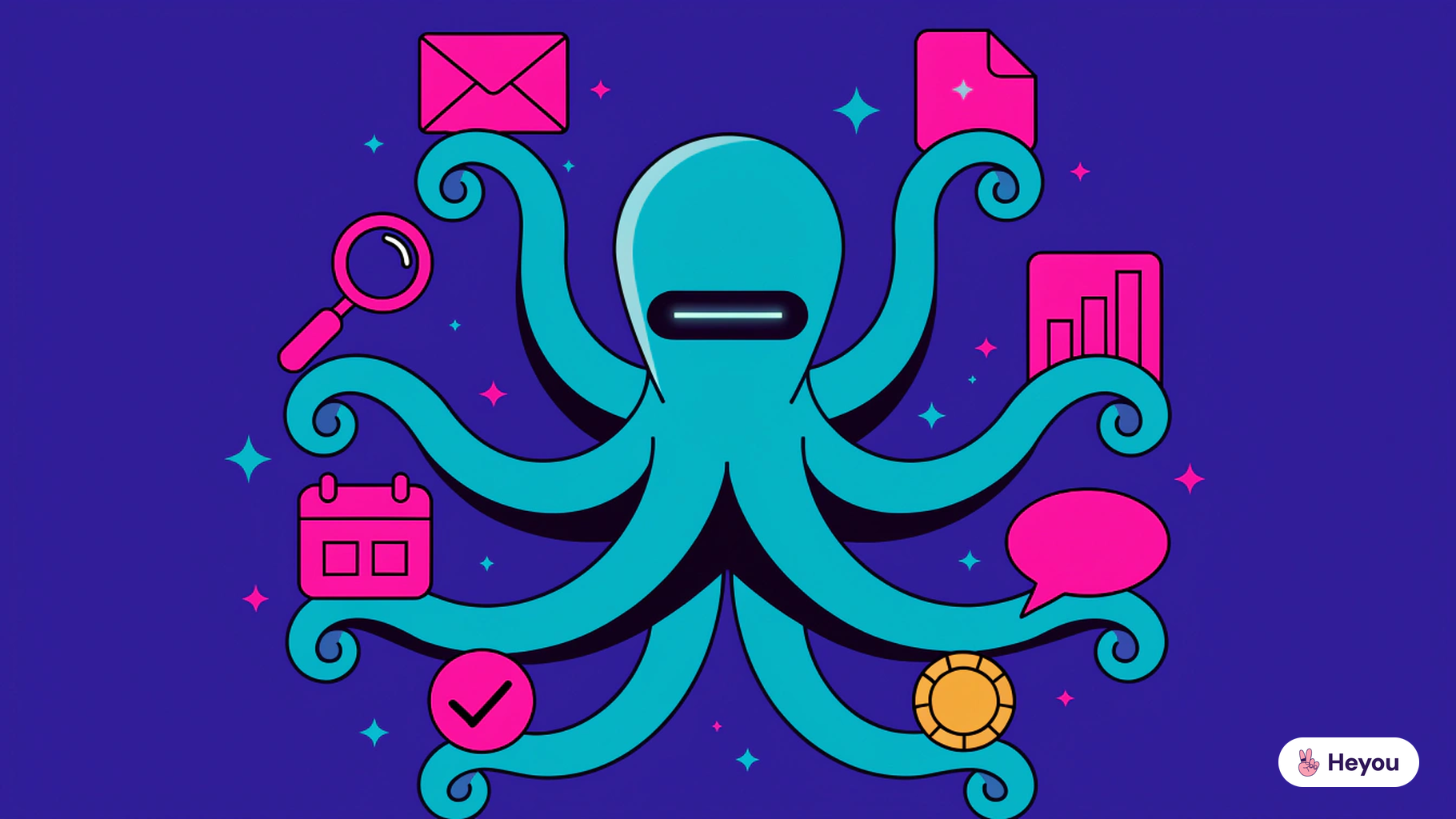 An AI sales agent as an octopus with a robot head, its eight tentacles handling sales tasks like email, research, documents, scheduling and reporting - Heyou agentic sales guide