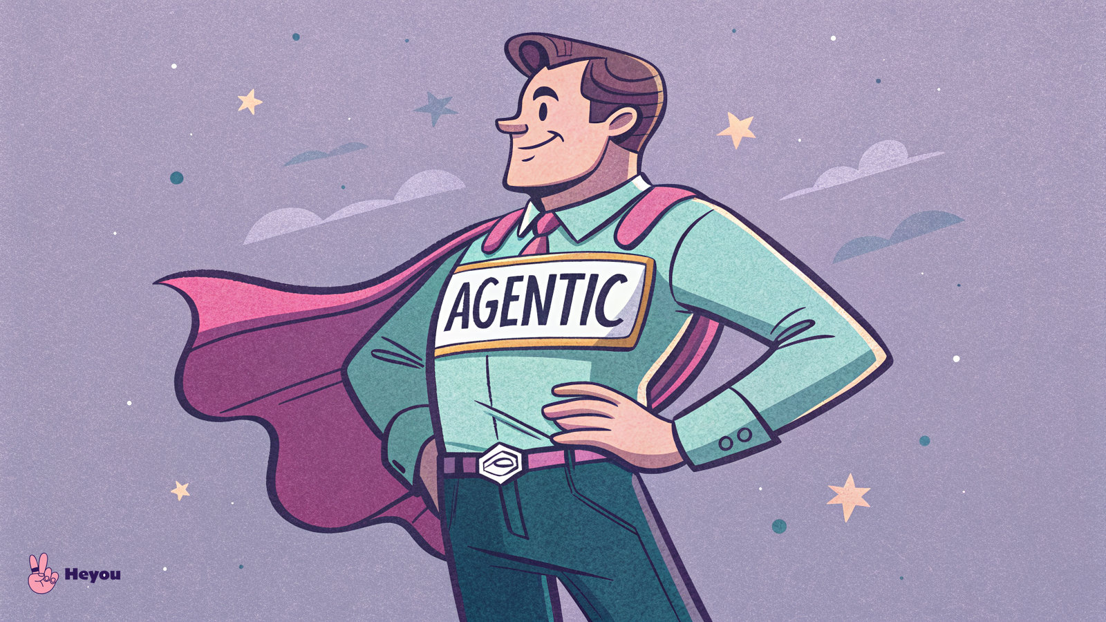 A cartoon salesperson posing like a superhero with a bold AGENTIC badge across his chest, on a lavender background, illustrating that any tool can slap on the agentic label.