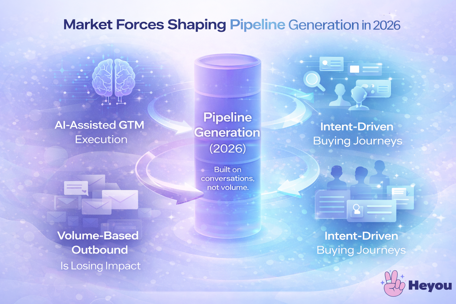 Illustration showing how AI-assisted go-to-market execution, declining volume-based outbound, and intent-driven buying journeys are reshaping pipeline generation in 2026.