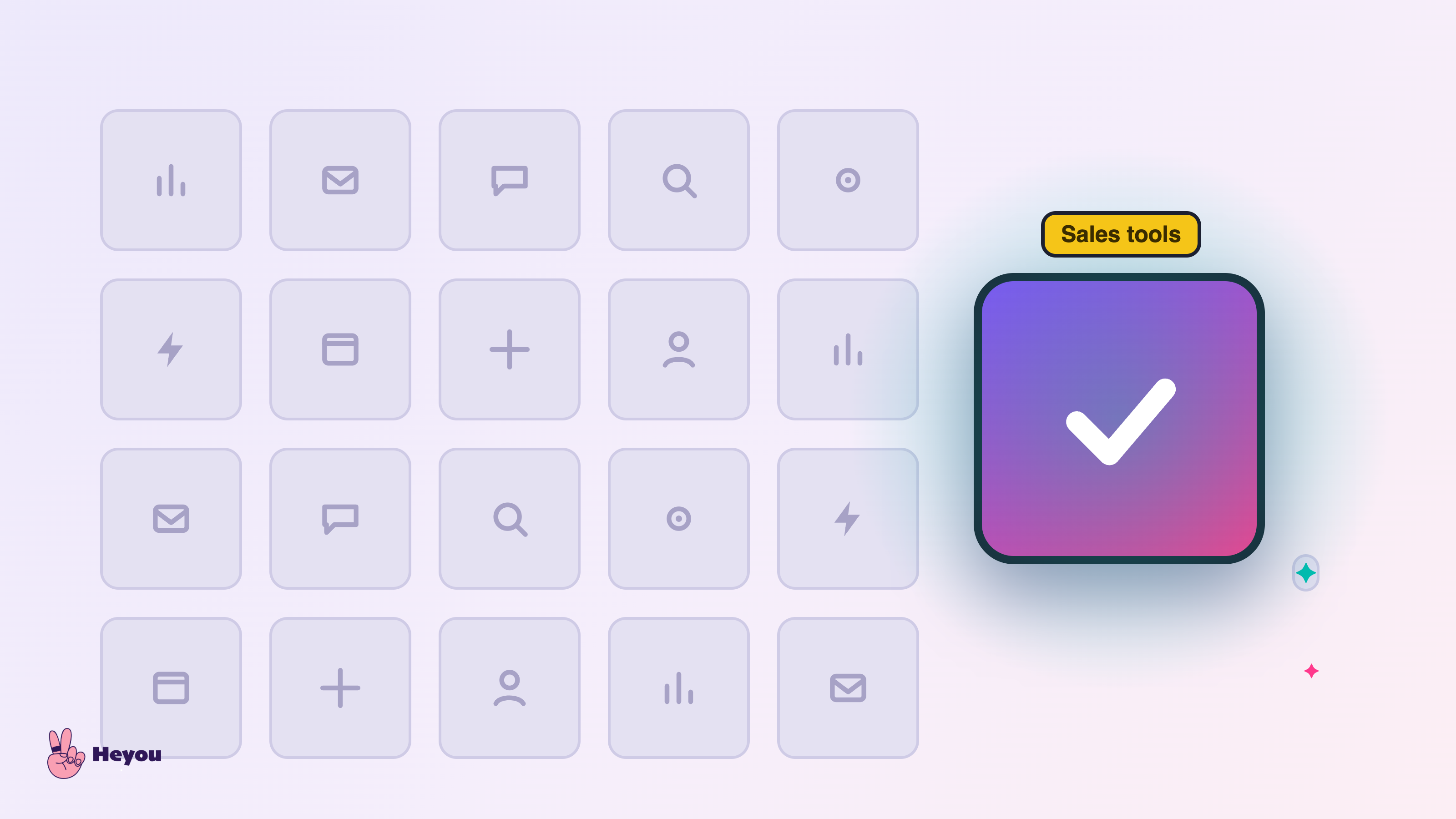 A graphic of a grid of muted sales-tool icons beside one bold, brightly colored tile marked with a checkmark and labeled Sales tools, showing how to pick the right tool from thousands.