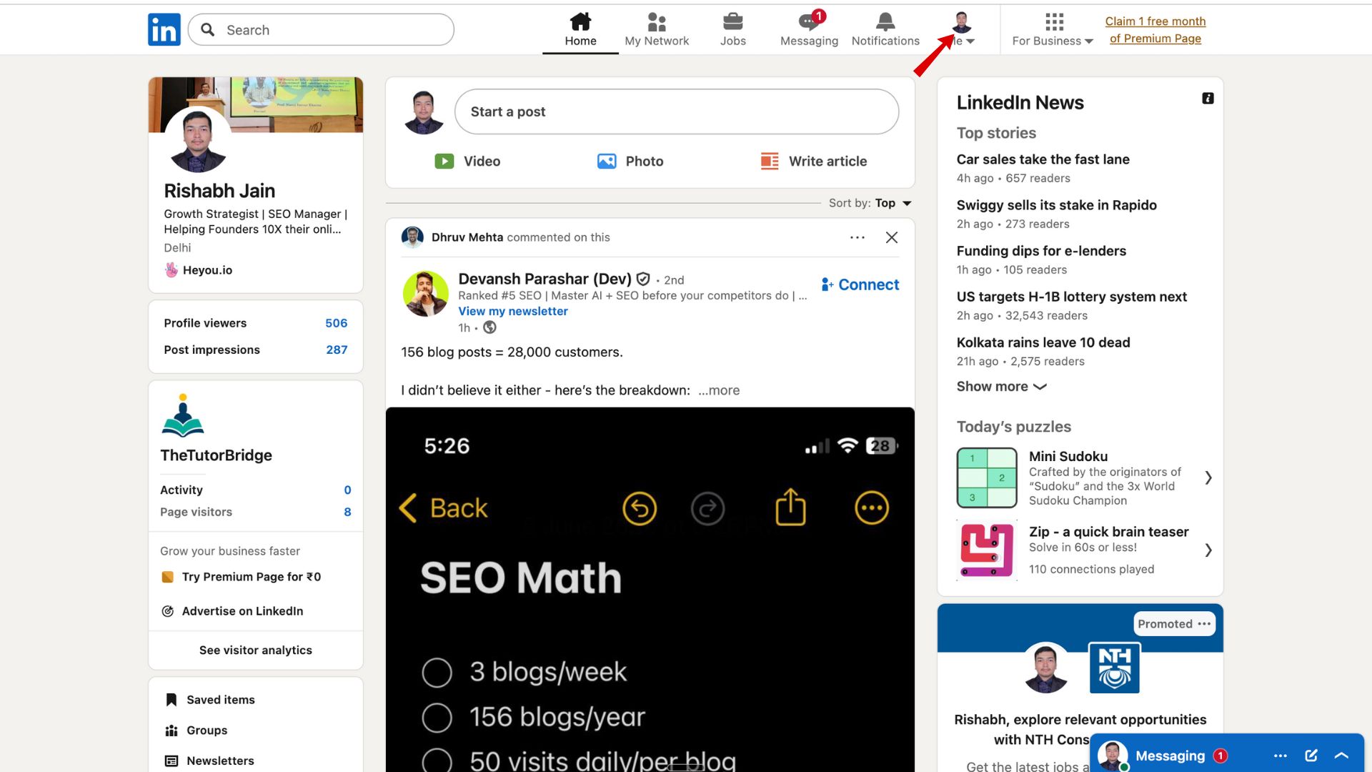 LinkedIn Home Page Dashboard