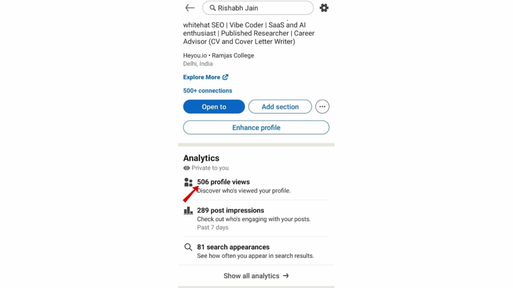 Scroll to your Analytics / Dashboard section.