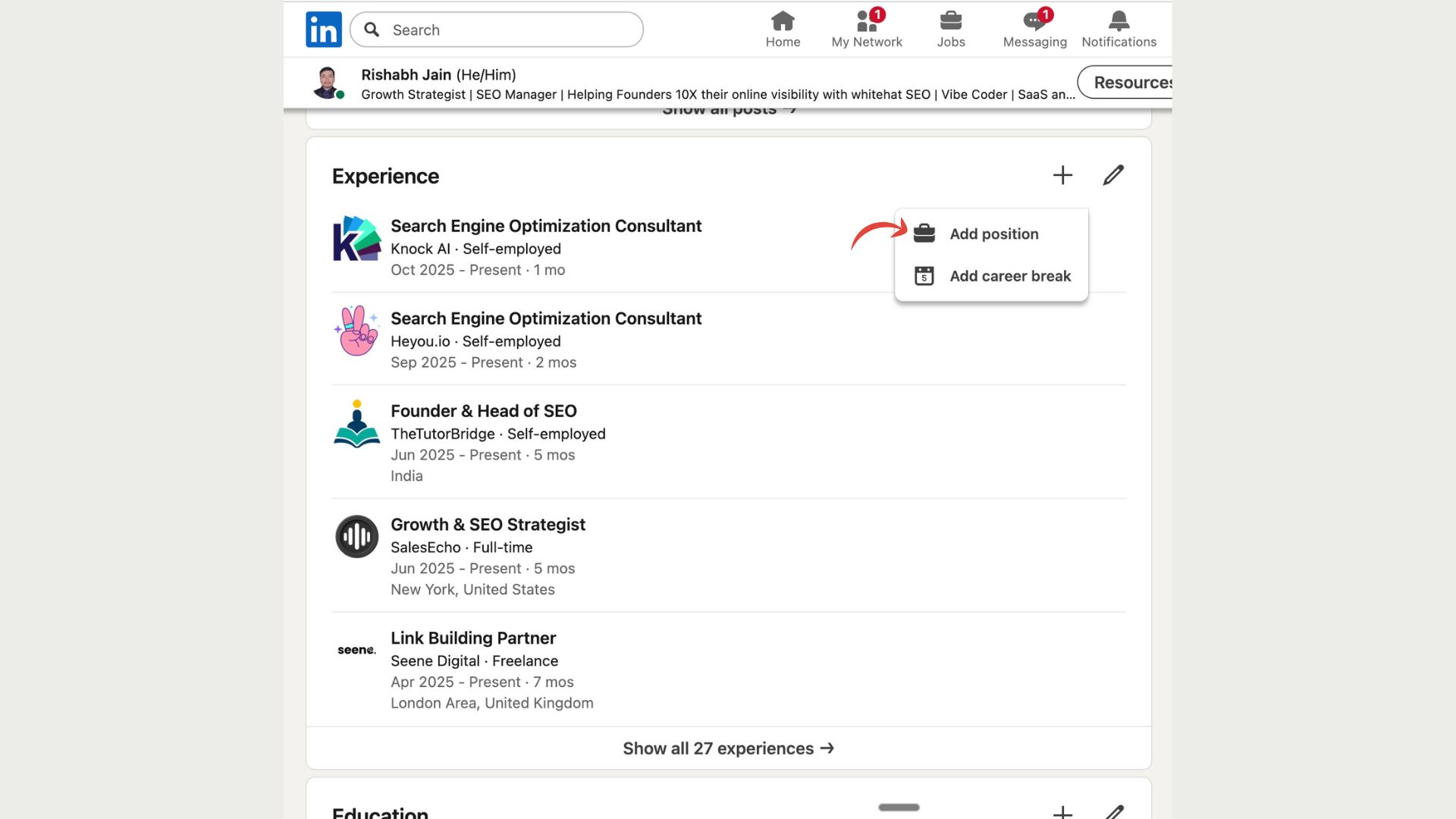 Go to profile, scroll down and click on + icon to add new postion