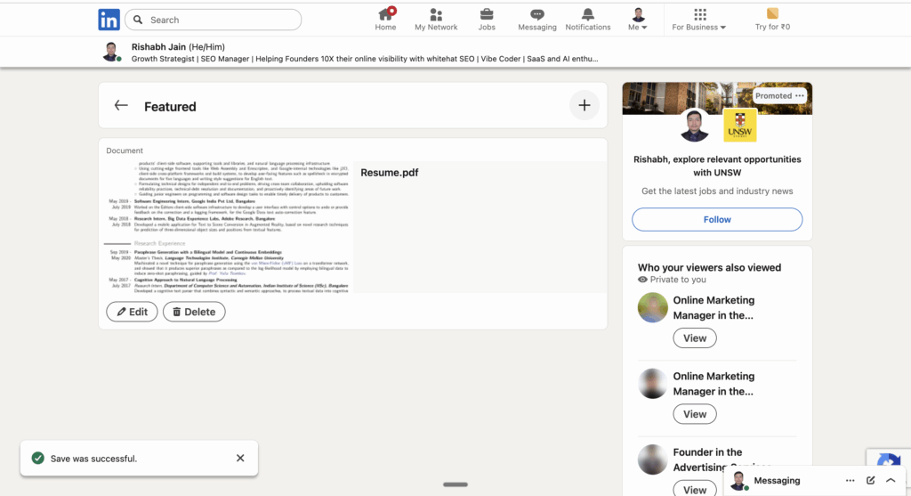 Uploaded Resume on LinkedIn