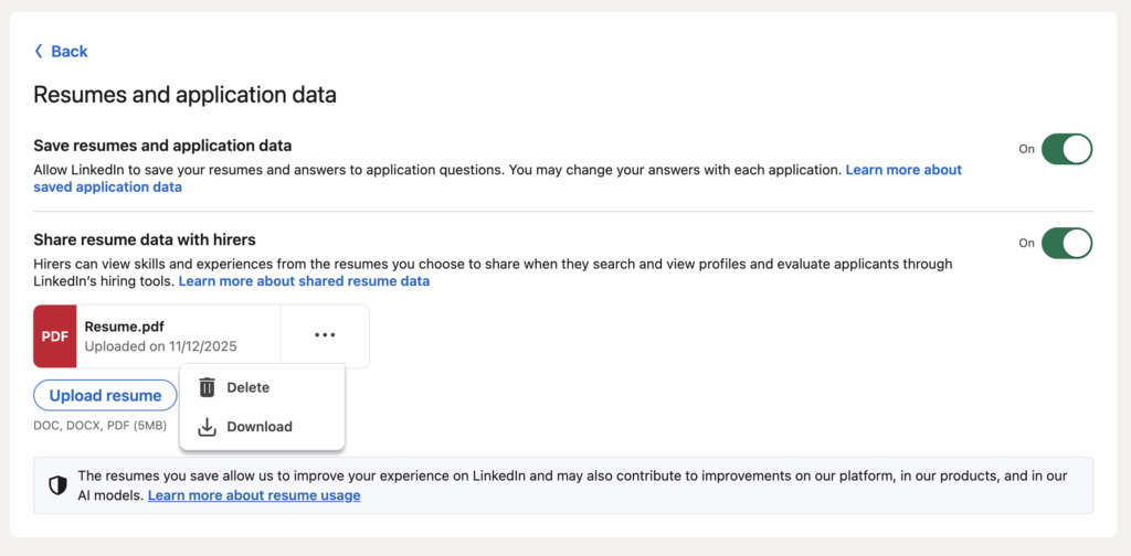 Delete your resume on LinkedIn