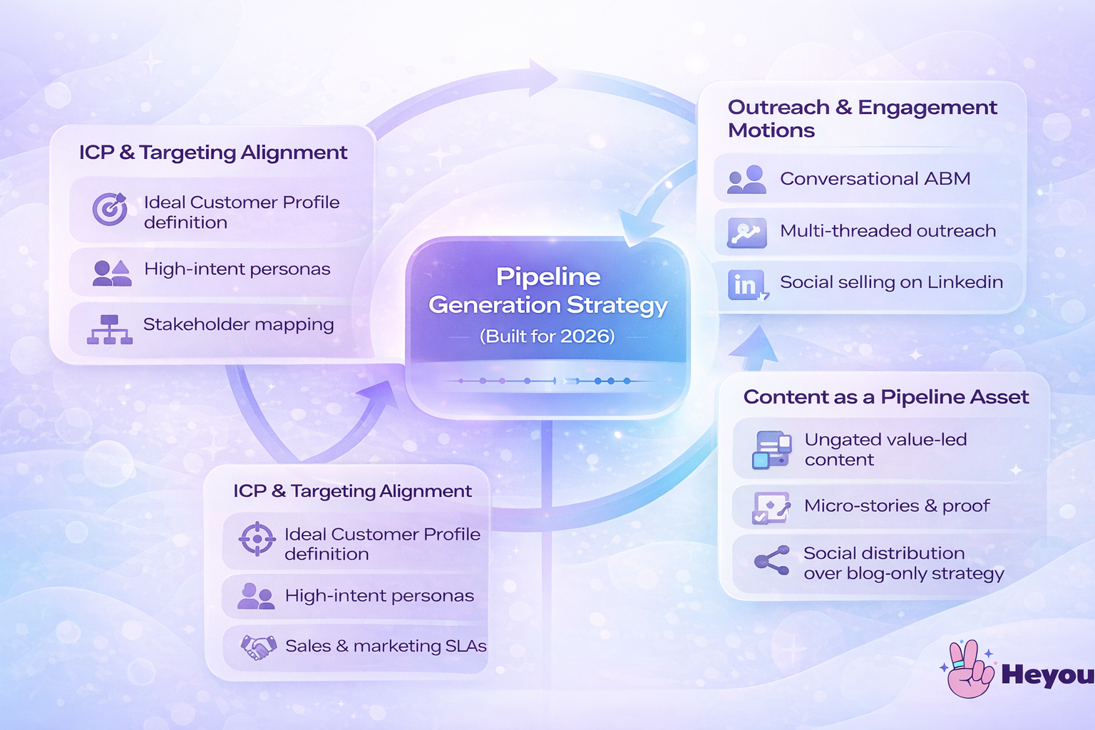 Diagram showing a 2026 pipeline generation strategy with three connected pillars: ICP and targeting alignment, outreach and engagement motions, and content as a pipeline asset, all feeding into a central conversation-led pipeline strategy.